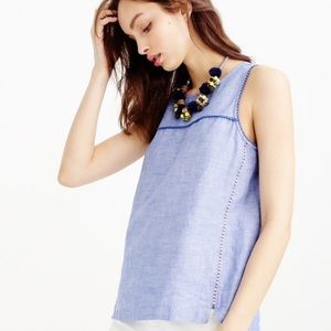 J.Crew Top Crosshatch Linen with Pom Poms